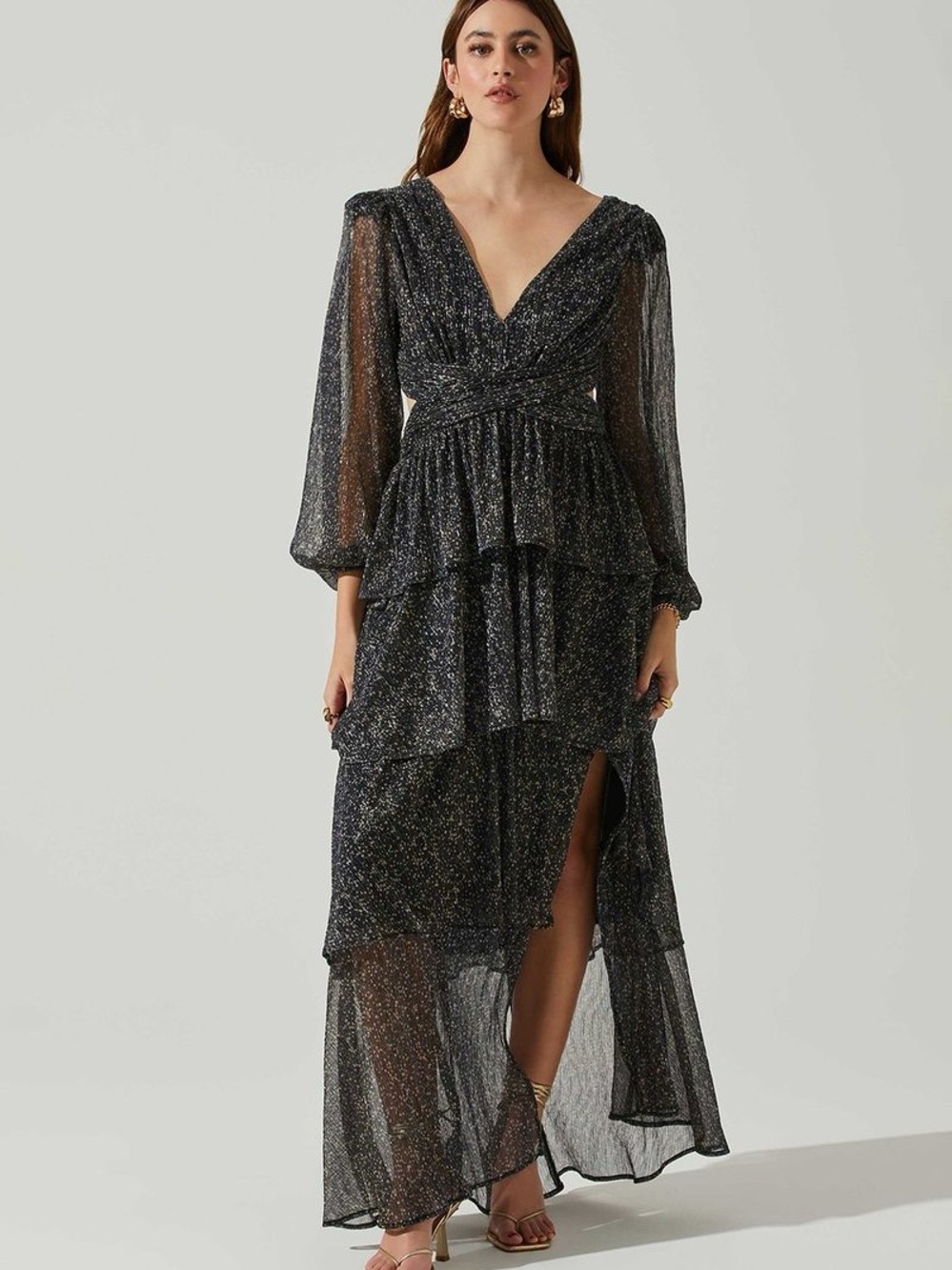REVOLVE Black Sparkle Tiered V-Neck Maxi Dress with Sheer Sleeves